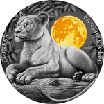Niue Island LIONESS series Wildlife in Moonlight Silver Coin $5 Antique finish High relief 2021 Gold plated 2 oz